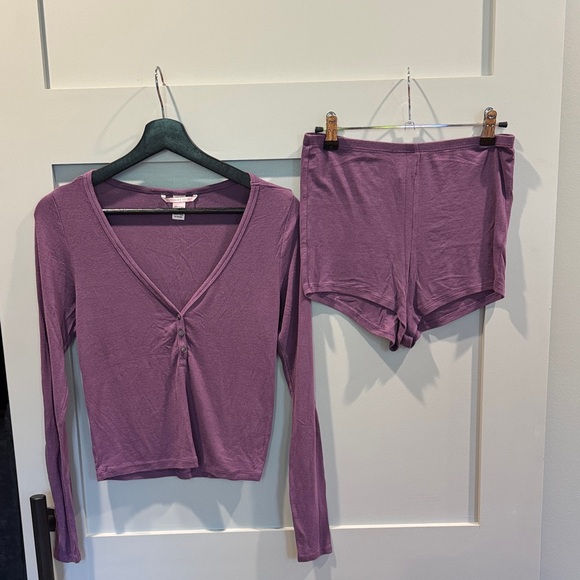 Victoria's Secret Other - Victoria's Secret Plum Long Sleeve Henley Top & Lounge Shorts Set
